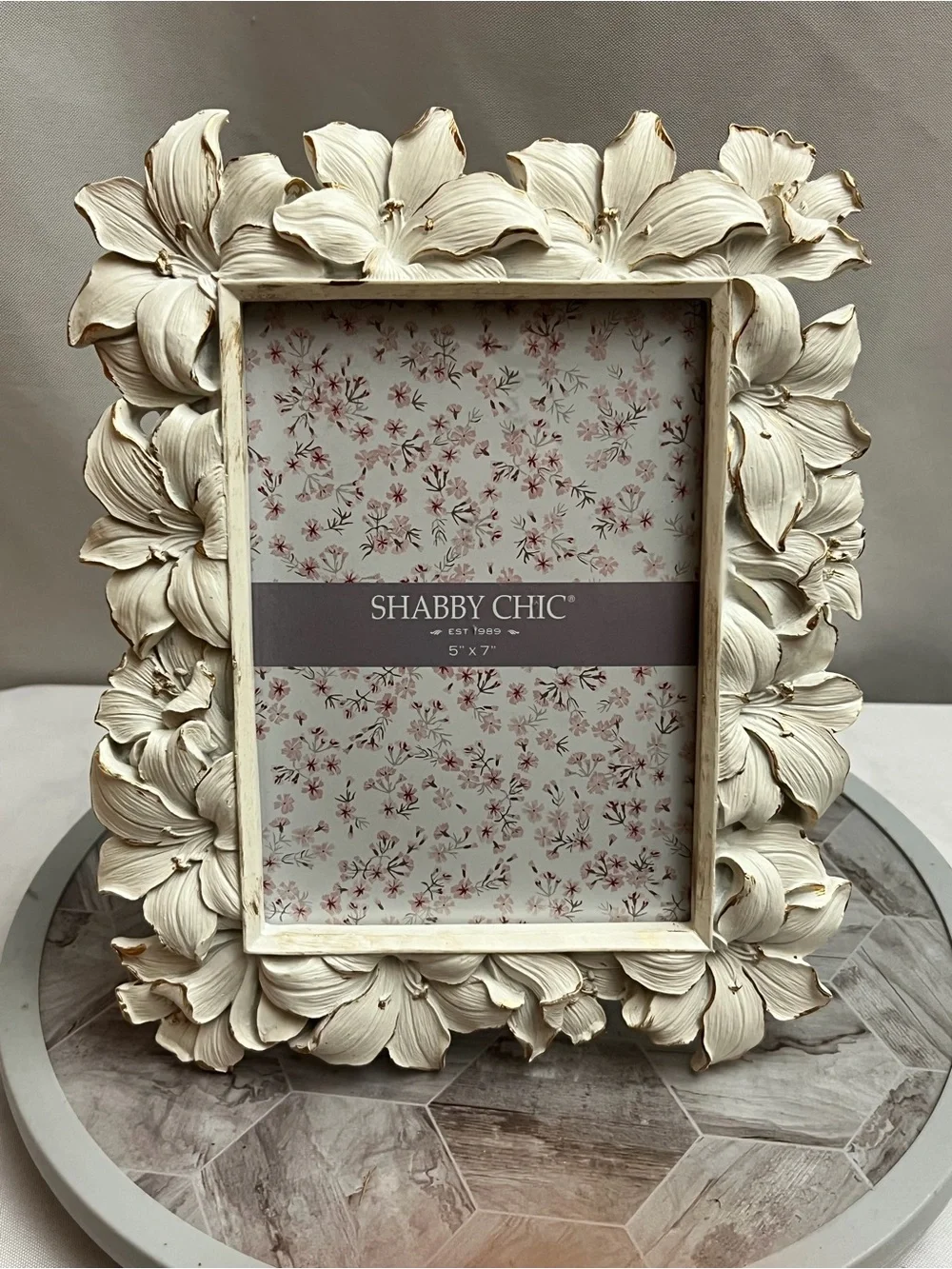 Shabby Chic Floral Lily 5x7 Distressed Picture Frame Ivory Tabletop Wall Decor